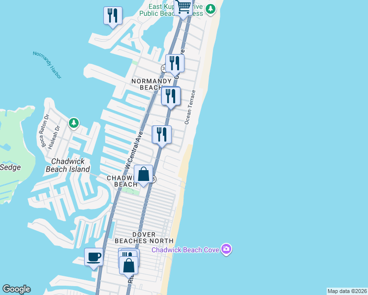 map of restaurants, bars, coffee shops, grocery stores, and more near 3586 Ocean Terrace in Lavallette