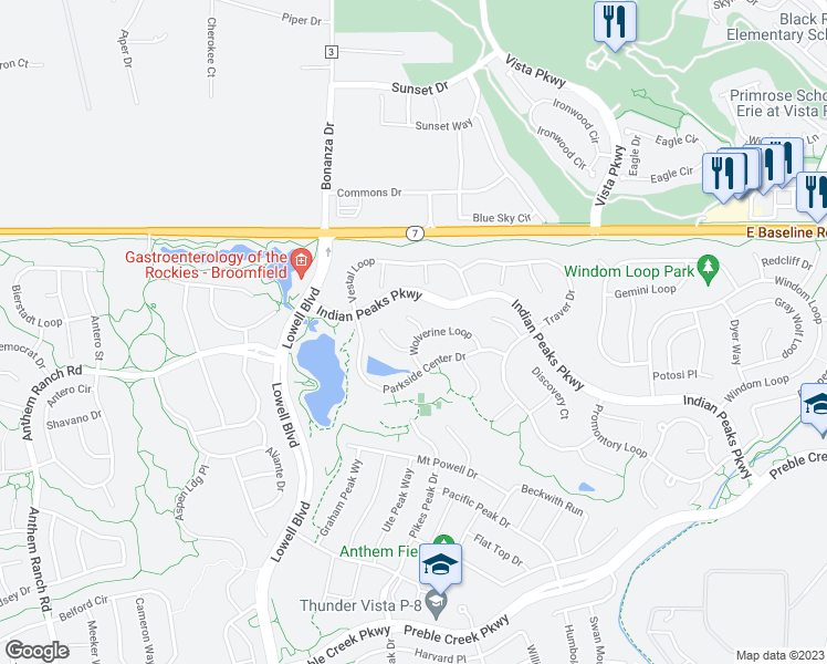 map of restaurants, bars, coffee shops, grocery stores, and more near 3624 Parkside Center Drive in Broomfield
