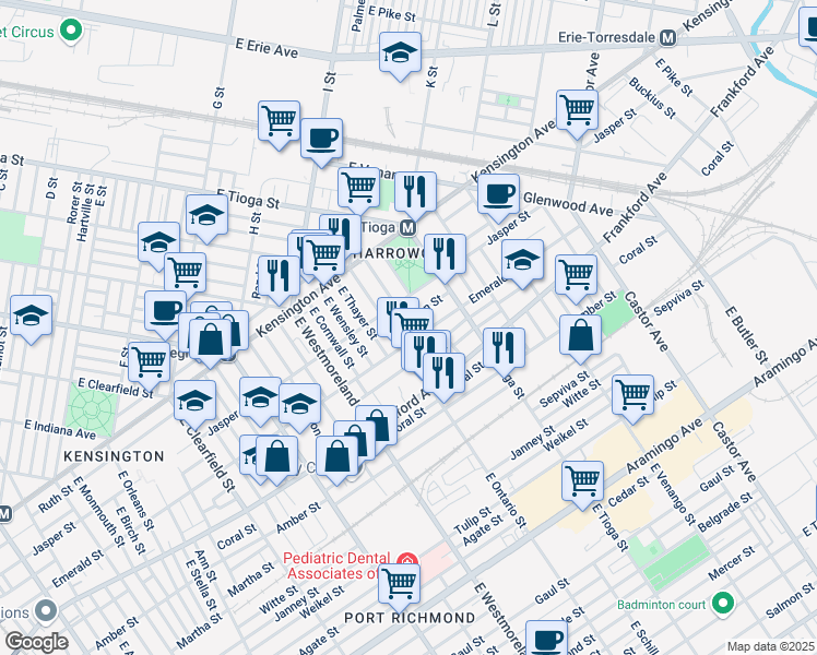 map of restaurants, bars, coffee shops, grocery stores, and more near 3422 Helen Street in Philadelphia