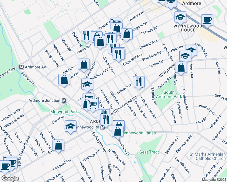 map of restaurants, bars, coffee shops, grocery stores, and more near 2511 Olcott Avenue in Ardmore