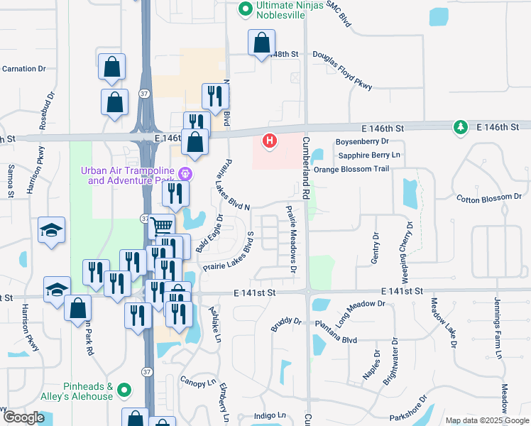 map of restaurants, bars, coffee shops, grocery stores, and more near 9694 Angelica Drive in Noblesville