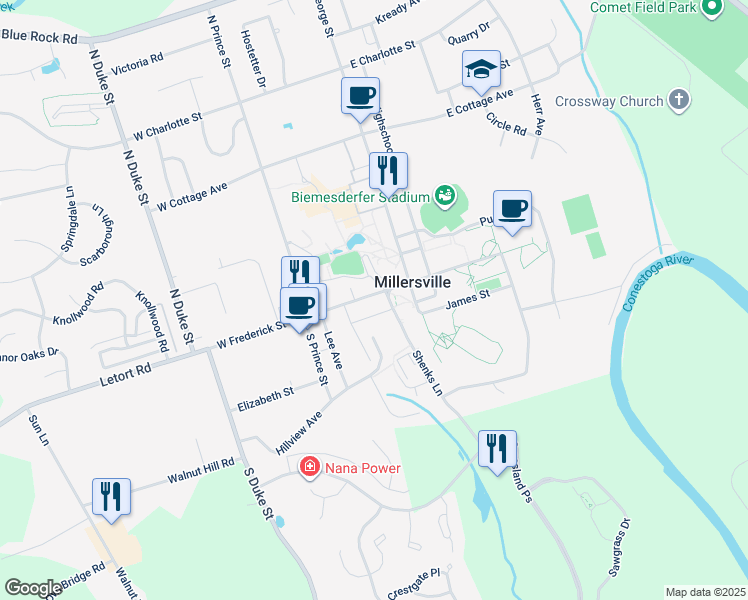 map of restaurants, bars, coffee shops, grocery stores, and more near 32 West Frederick Street in Millersville