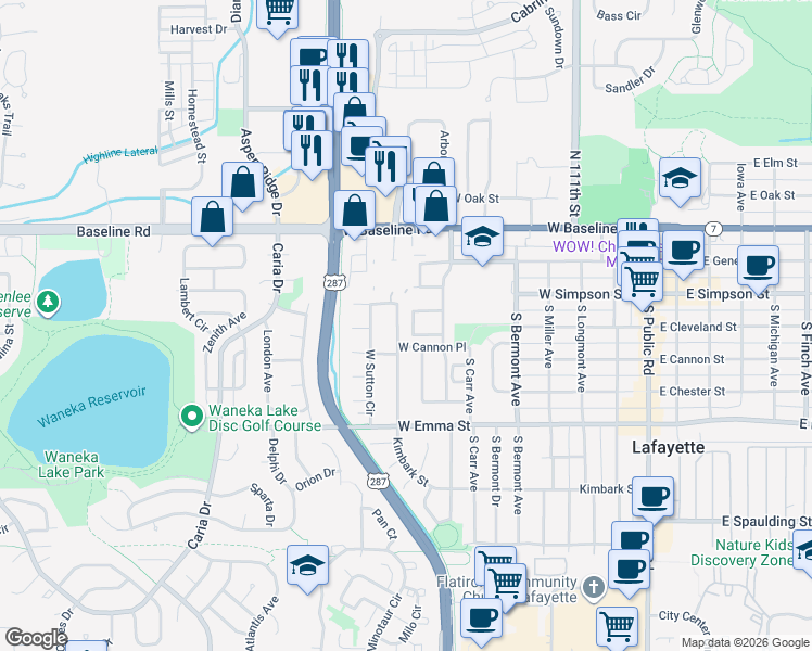 map of restaurants, bars, coffee shops, grocery stores, and more near 215 East Sutton Circle in Lafayette