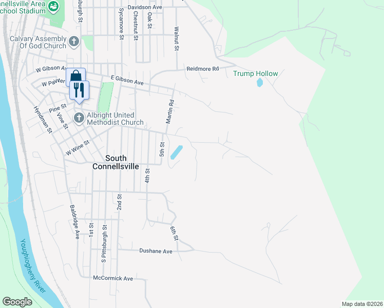 map of restaurants, bars, coffee shops, grocery stores, and more near 721-753 Clay Rd in Connellsville