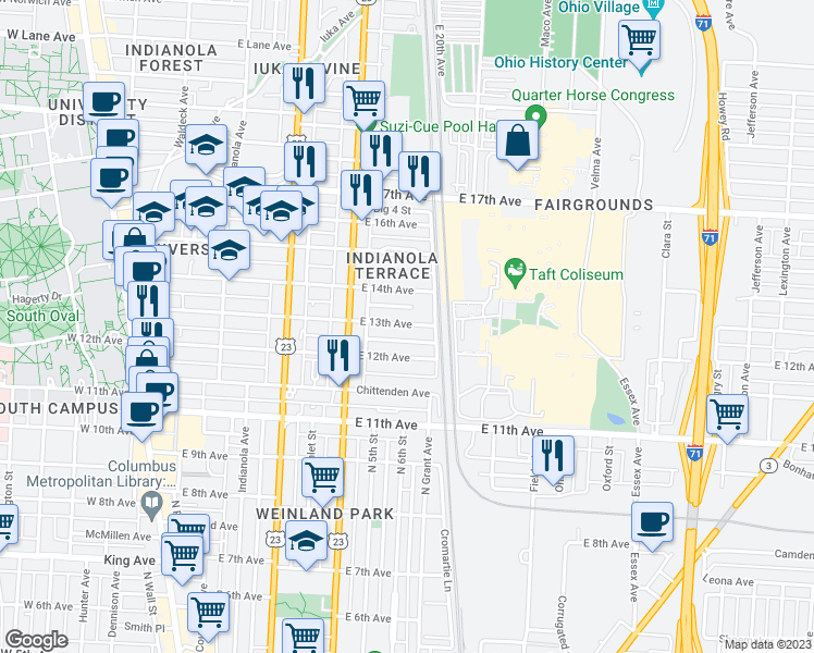 map of restaurants, bars, coffee shops, grocery stores, and more near 397 E 13th Ave in Columbus