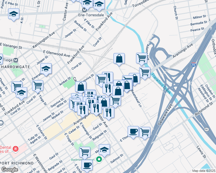 map of restaurants, bars, coffee shops, grocery stores, and more near 2301 East Butler Street in Philadelphia
