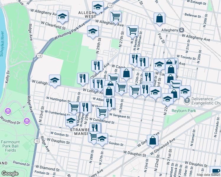 map of restaurants, bars, coffee shops, grocery stores, and more near 2711 West Sterner Street in Philadelphia