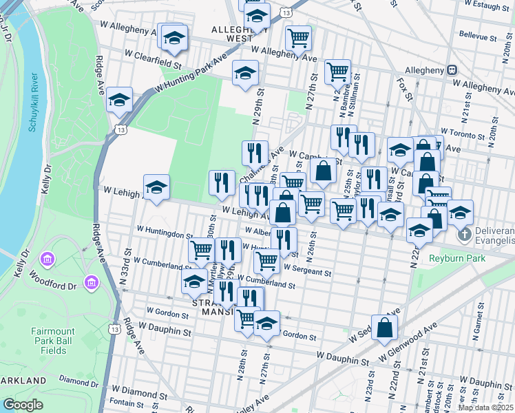 map of restaurants, bars, coffee shops, grocery stores, and more near 2710 North Newkirk Street in Philadelphia
