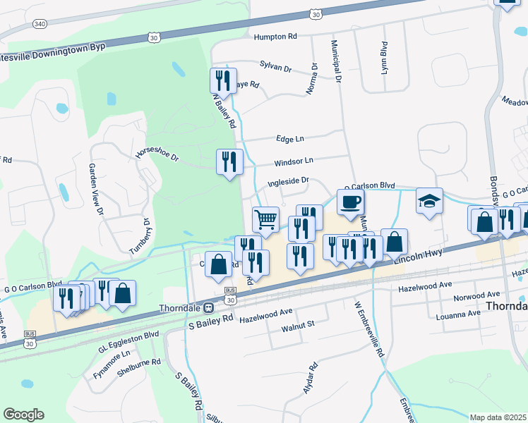 map of restaurants, bars, coffee shops, grocery stores, and more near 7 Courtney Lane in Thorndale