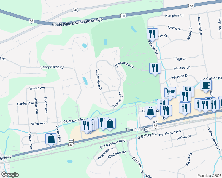 map of restaurants, bars, coffee shops, grocery stores, and more near 217 Turnberry Drive in Thorndale