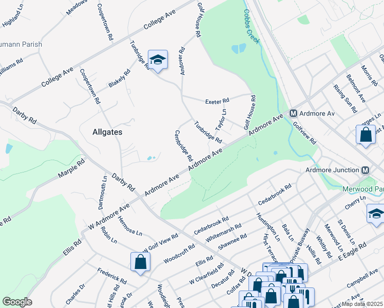 map of restaurants, bars, coffee shops, grocery stores, and more near 10 Cambridge Road in Haverford