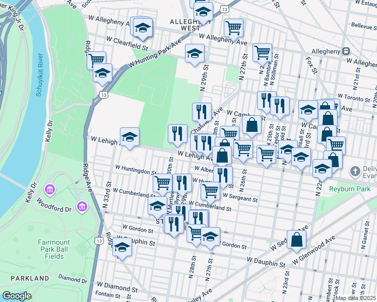 map of restaurants, bars, coffee shops, grocery stores, and more near 2905 West Lehigh Avenue in Philadelphia