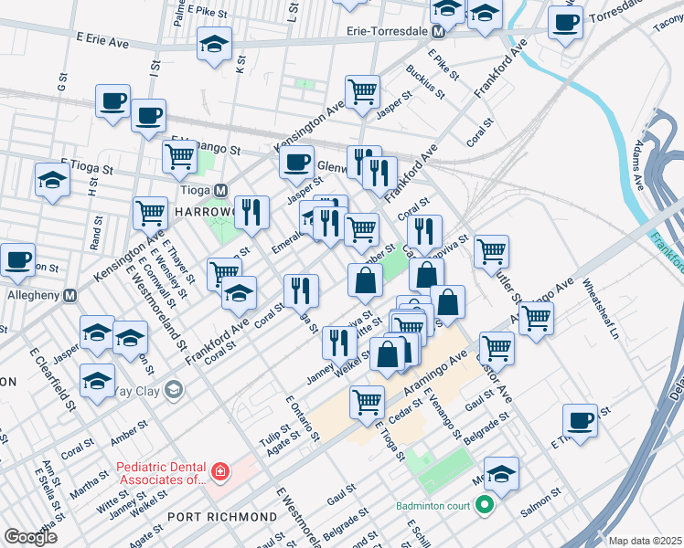 map of restaurants, bars, coffee shops, grocery stores, and more near 2078 East Venango Street in Philadelphia