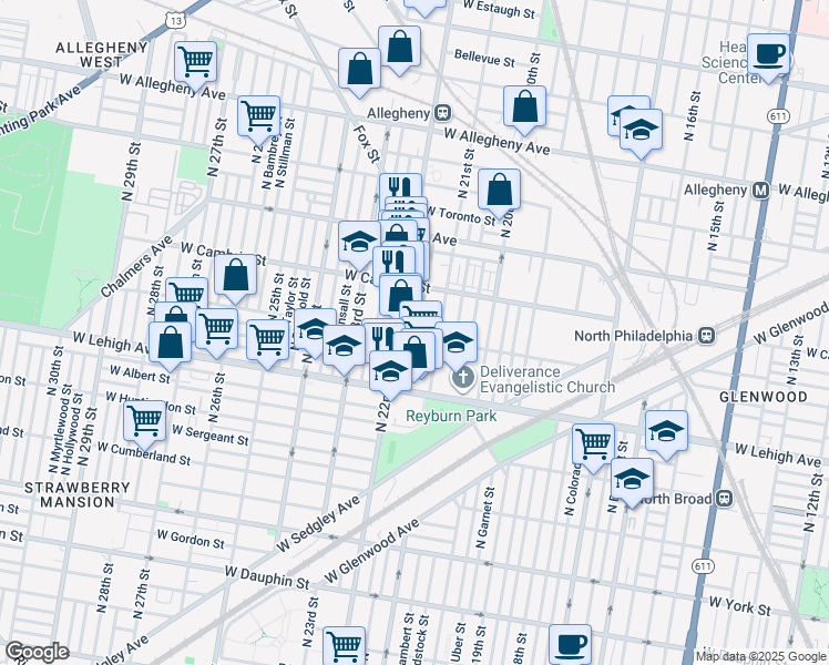 map of restaurants, bars, coffee shops, grocery stores, and more near 2129 West Somerset Street in Philadelphia