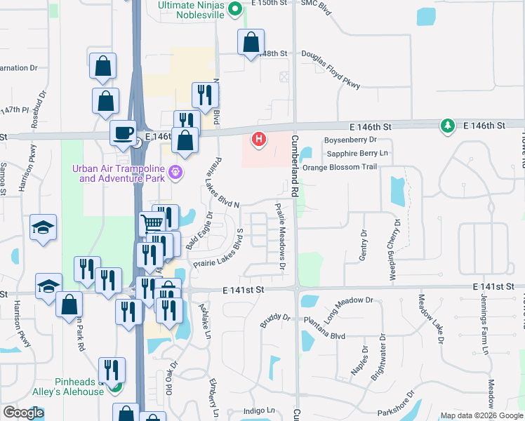 map of restaurants, bars, coffee shops, grocery stores, and more near 9694 Angelica Drive in Noblesville