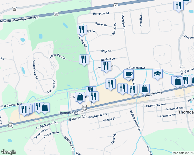 map of restaurants, bars, coffee shops, grocery stores, and more near 7 Courtney Lane in Thorndale