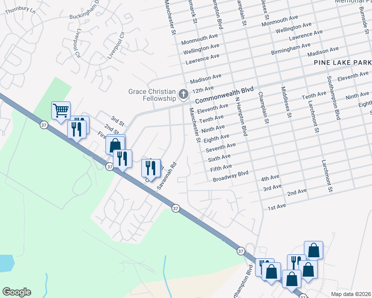 map of restaurants, bars, coffee shops, grocery stores, and more near 302 Savannah Road in Toms River