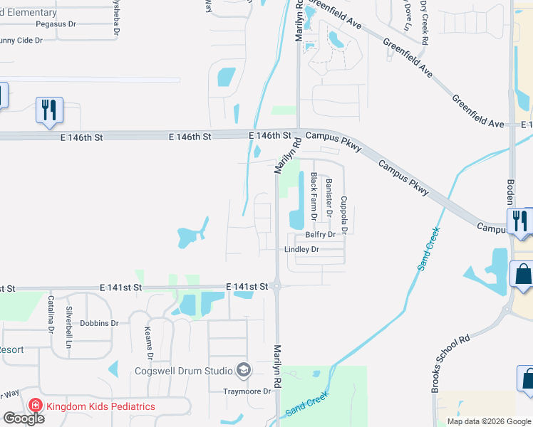 map of restaurants, bars, coffee shops, grocery stores, and more near 14342 Marilyn Road in Noblesville
