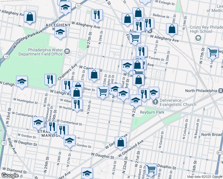 map of restaurants, bars, coffee shops, grocery stores, and more near 2755 North Ringgold Street in Philadelphia