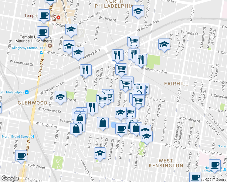 map of restaurants, bars, coffee shops, grocery stores, and more near 703 West Indiana Avenue in Philadelphia