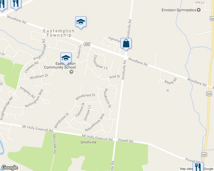 map of restaurants, bars, coffee shops, grocery stores, and more near 29 Woodhurst Drive in Mount Holly