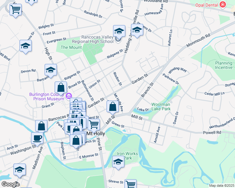 map of restaurants, bars, coffee shops, grocery stores, and more near 312 Garden Street in Mount Holly