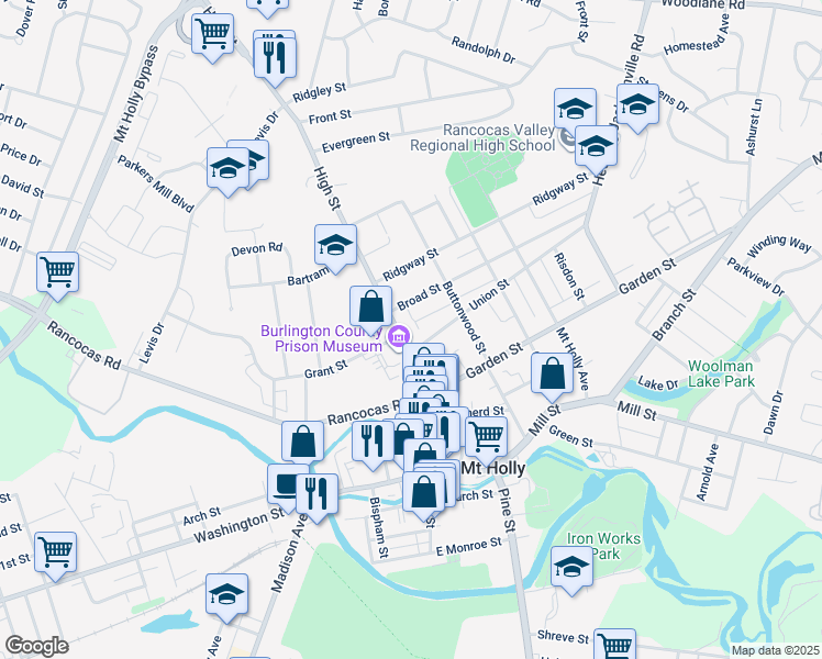 map of restaurants, bars, coffee shops, grocery stores, and more near 16 Broad Street in Mount Holly