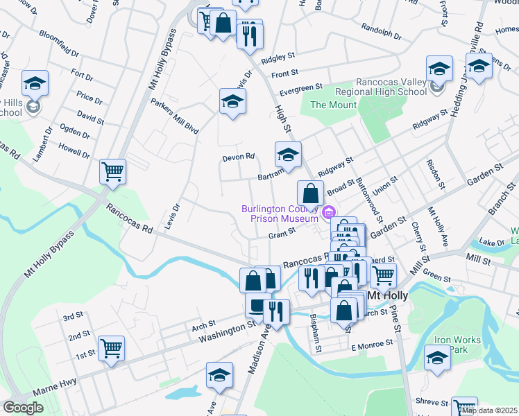 map of restaurants, bars, coffee shops, grocery stores, and more near 240 Clifton Avenue in Mount Holly