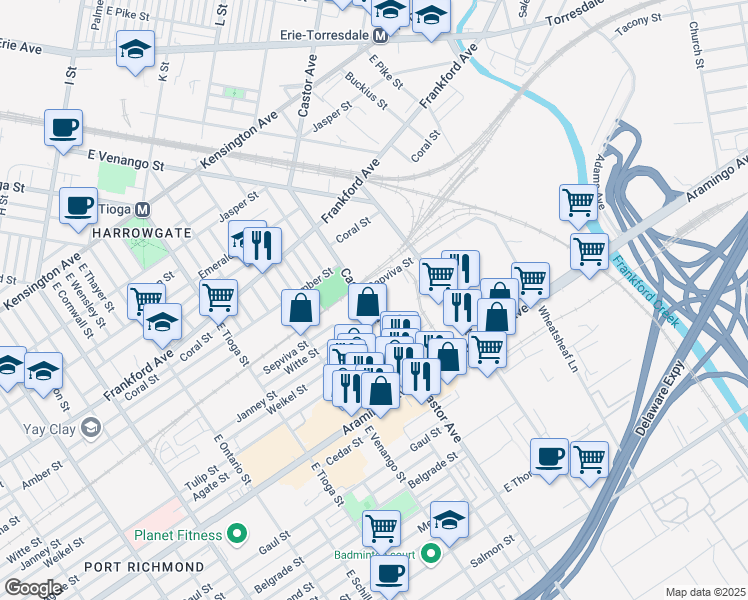 map of restaurants, bars, coffee shops, grocery stores, and more near 3711 Sepviva Street in Philadelphia