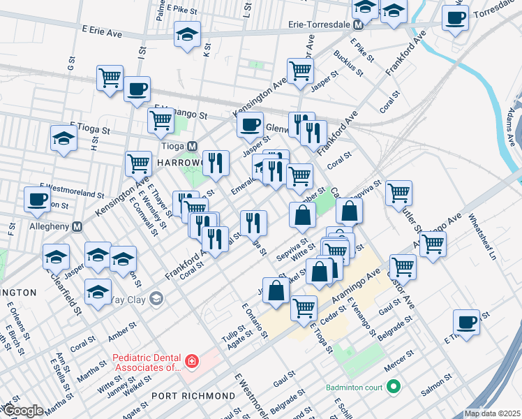 map of restaurants, bars, coffee shops, grocery stores, and more near 3543 Frankford Avenue in Philadelphia