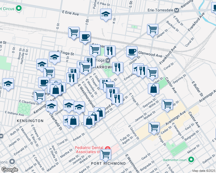 map of restaurants, bars, coffee shops, grocery stores, and more near 3422 Helen Street in Philadelphia