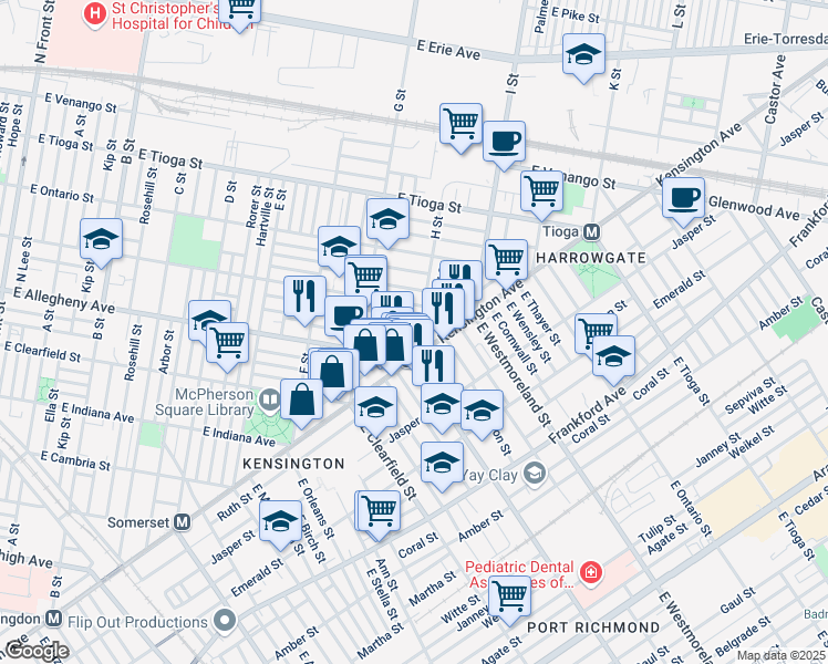 map of restaurants, bars, coffee shops, grocery stores, and more near 845 East Madison Street in Philadelphia