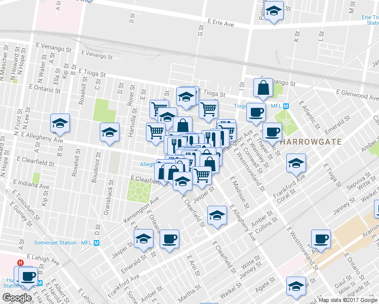 map of restaurants, bars, coffee shops, grocery stores, and more near 845 East Madison Street in Philadelphia
