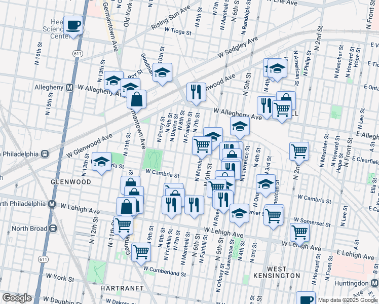 map of restaurants, bars, coffee shops, grocery stores, and more near 703 West Indiana Avenue in Philadelphia