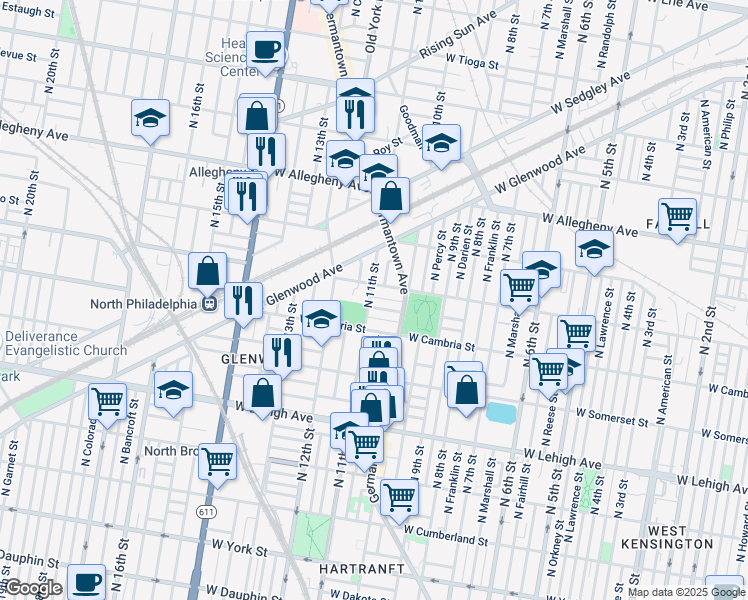 map of restaurants, bars, coffee shops, grocery stores, and more near 1048 West Stella Street in Philadelphia