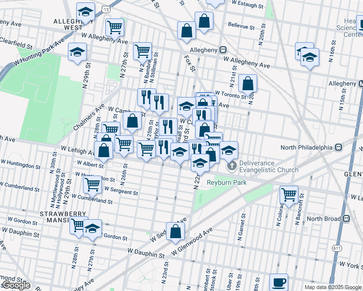 map of restaurants, bars, coffee shops, grocery stores, and more near 2766 North 23rd Street in Philadelphia