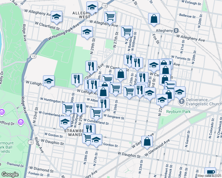map of restaurants, bars, coffee shops, grocery stores, and more near 2638 West Silver Street in Philadelphia