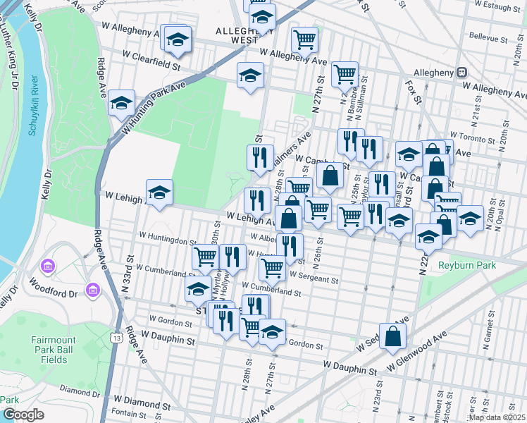 map of restaurants, bars, coffee shops, grocery stores, and more near 2726 North 28th Street in Philadelphia