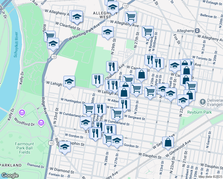 map of restaurants, bars, coffee shops, grocery stores, and more near 2711 North Dover Street in Philadelphia