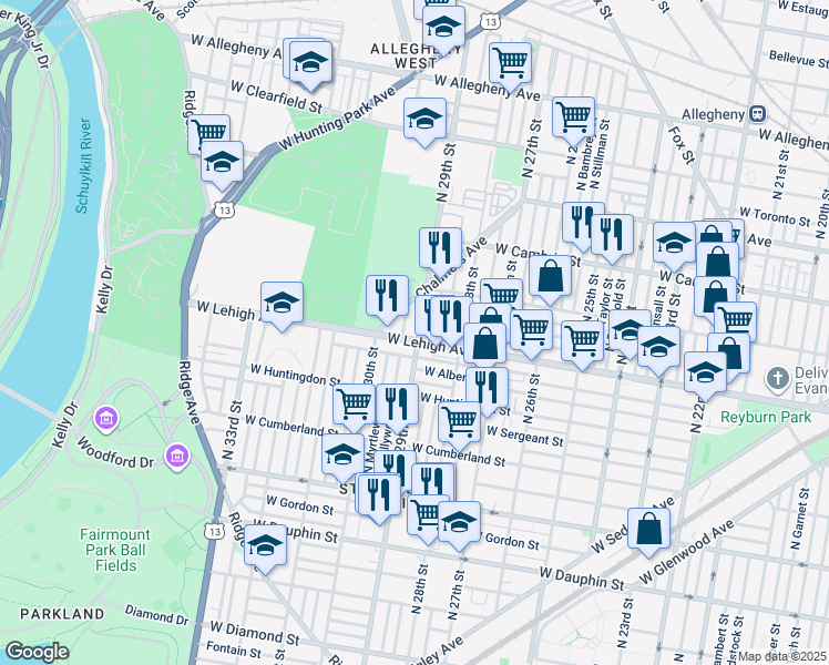map of restaurants, bars, coffee shops, grocery stores, and more near in Philadelphia