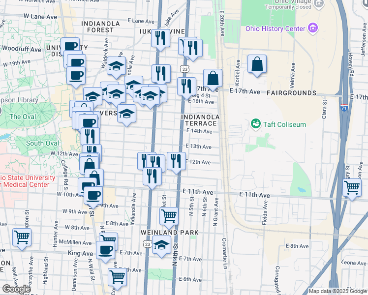 map of restaurants, bars, coffee shops, grocery stores, and more near 350 East 13th Avenue in Columbus