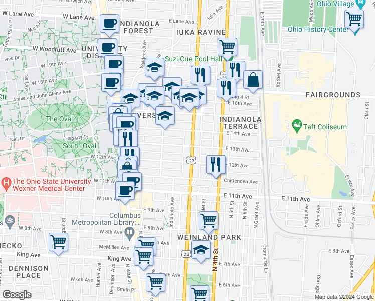map of restaurants, bars, coffee shops, grocery stores, and more near in Columbus