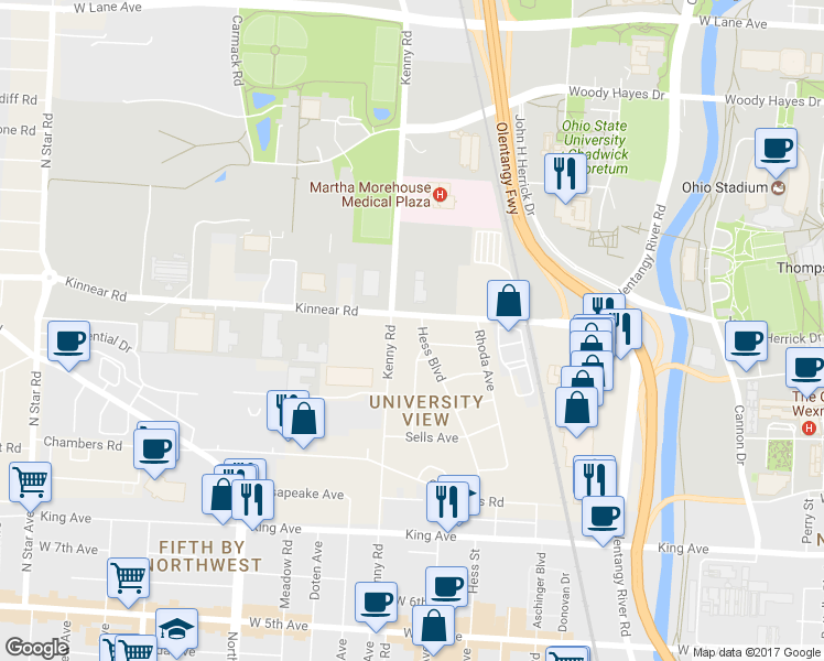 map of restaurants, bars, coffee shops, grocery stores, and more near 1863 Hess Boulevard in Columbus