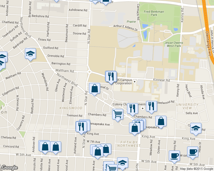map of restaurants, bars, coffee shops, grocery stores, and more near 1456 Presidential Drive in Columbus