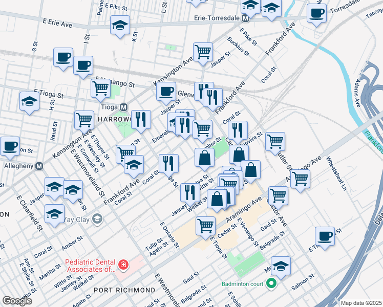 map of restaurants, bars, coffee shops, grocery stores, and more near 2078 East Venango Street in Philadelphia
