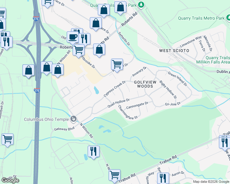 map of restaurants, bars, coffee shops, grocery stores, and more near 2136 Jodilee Court in Columbus
