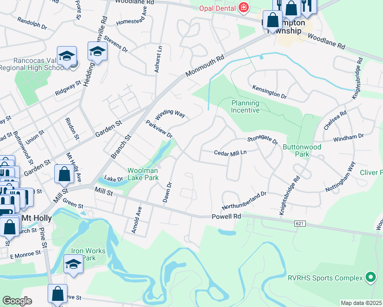 map of restaurants, bars, coffee shops, grocery stores, and more near 104 Farmdale Road in Mount Holly