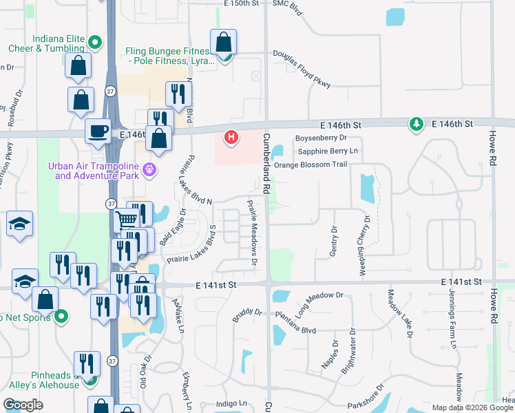 map of restaurants, bars, coffee shops, grocery stores, and more near 14376 Prairie Meadows Drive in Noblesville