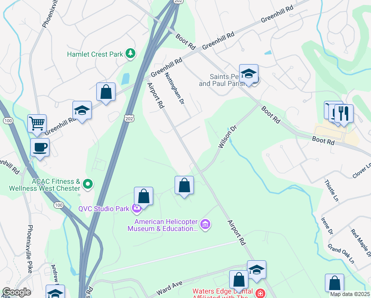 map of restaurants, bars, coffee shops, grocery stores, and more near in West Chester