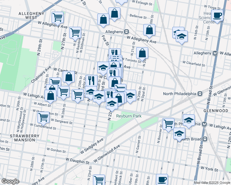 map of restaurants, bars, coffee shops, grocery stores, and more near 2816 North Van Pelt Street in Philadelphia